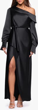 Xscape Evenings Off the Shoulder Long Sleeve Satin Gown