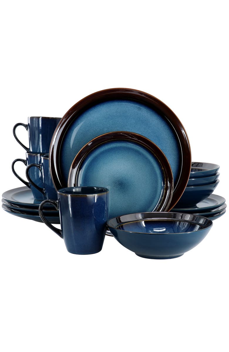 Gibson Elite 16 Piece Priya Reactive Glaze Stoneware Dinnerware Set, Main, color, Blue