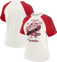 WEAR by Erin Andrews Women's WEAR by Erin Andrews White San Francisco 49ers Sleeve Stripe Distressed Raglan T-Shirt