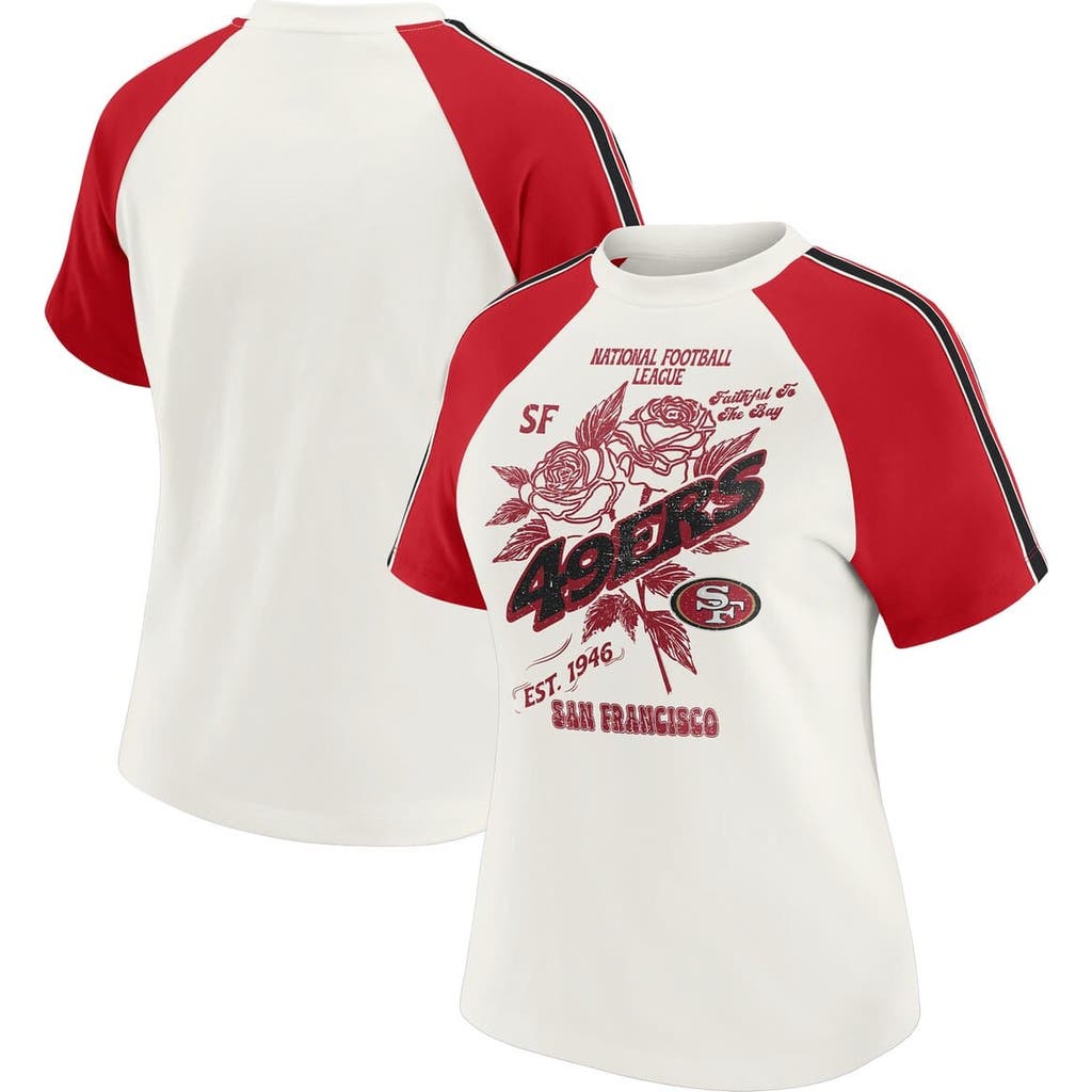 Wear By Erin Andrews White San Francisco 49ers Sleeve Stripe Distressed Raglan T-shirt In White