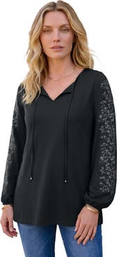 Roaman's Plus Size Notch Neck Embroidered Peasant Tunic