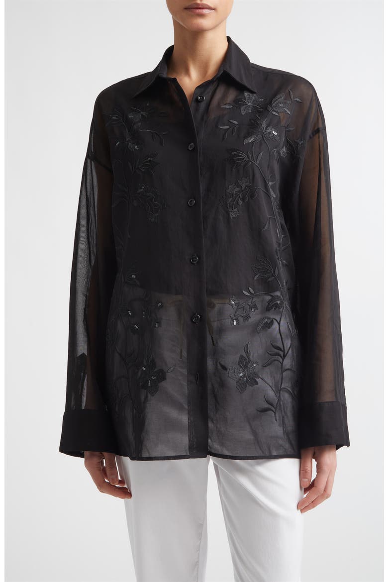 Sequin Embroidered Cotton Gauze Button-Up Shirt, Main, color, 22 BLACK