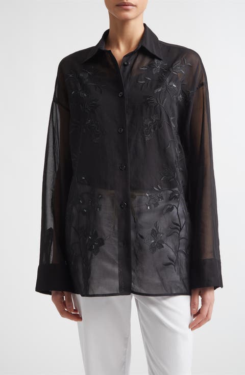 Sequin Embroidered Cotton Gauze Button-Up Shirt