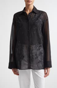 Eleventy Sequin Embroidered Cotton Gauze Button-Up Shirt