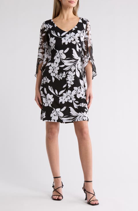 Floral Chiffon Sleeve A-Line Dress