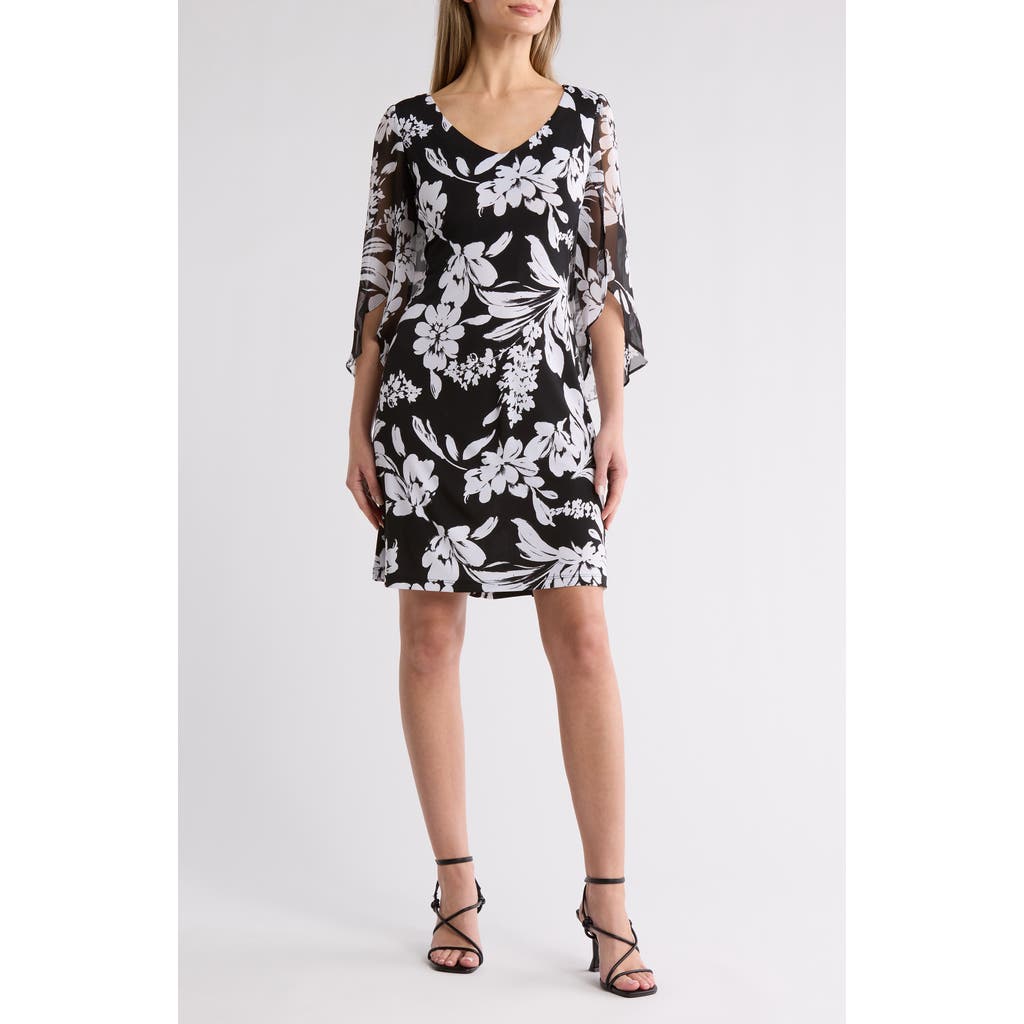 Connected Apparel Floral Chiffon Sleeve A-line Dress In Black