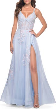 La Femme A-Line Tulle Prom Dress with Scattered Lace Applique