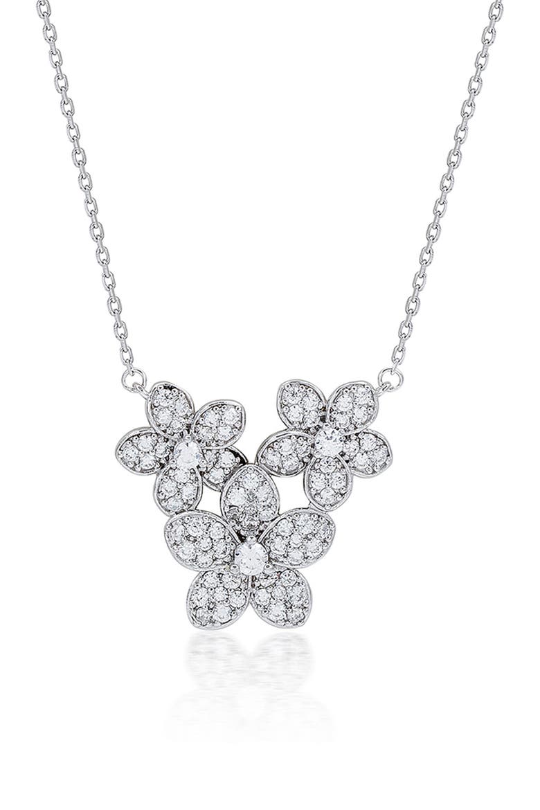 Trio of Flowers Cubic Zirconia Pavé Station Necklace, Main, color, WHITE