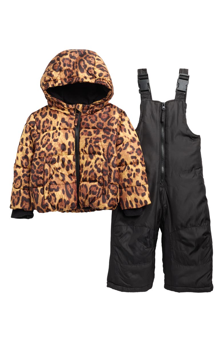 Rothschild Kids' Print Hooded Jacket & Bib Snowsuit Set, Main, color, Leopard