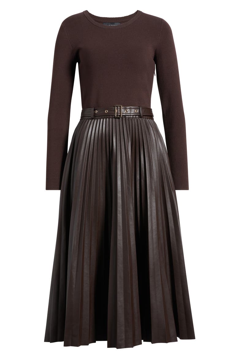 Allison Mixed Media Faux Leather Dress, Alternate, color, RHAPSODY BROWN