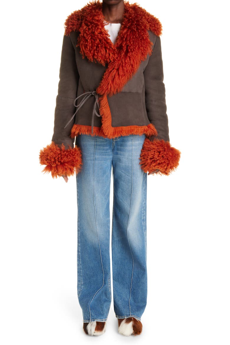Lakia Suede & Genuine Shearling Wrap Jacket, Alternate, color, RUST ORANGE