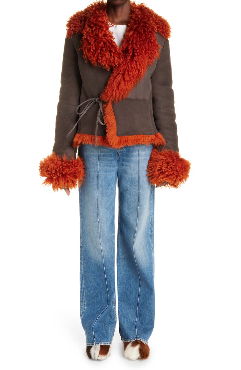 Acne Studios Lakia Suede & Genuine Shearling Wrap Jacket, Alternate, color,