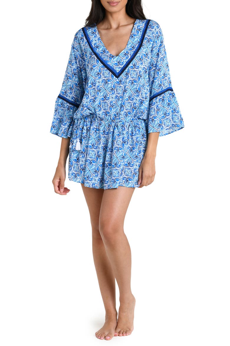 Costa Azul Bell Sleeve Drawstring Waist Cover-Up Tunic, Main, color, BLUE