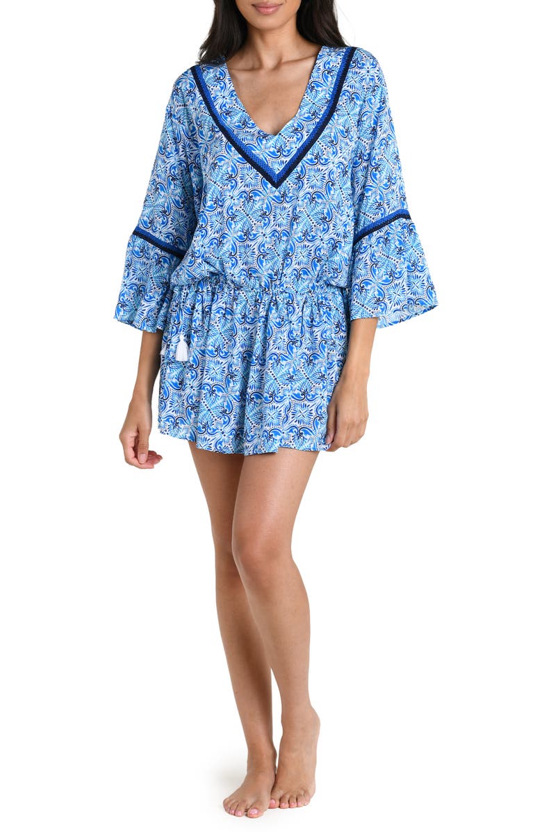 La Blanca Costa Azul Bell Sleeve Drawstring Waist Cover-Up Tunic, Main, color, 