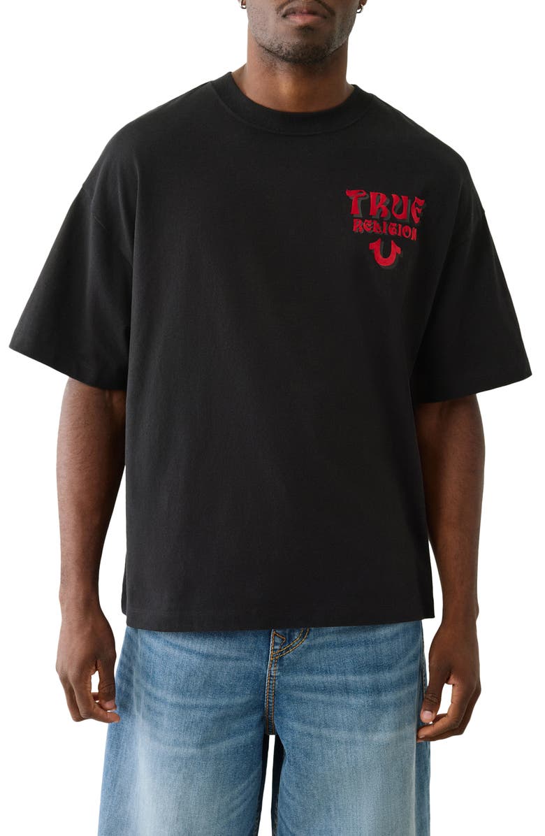 True Religion Boxy Flocked Graphic T-Shirt, Main, color, Jet Black