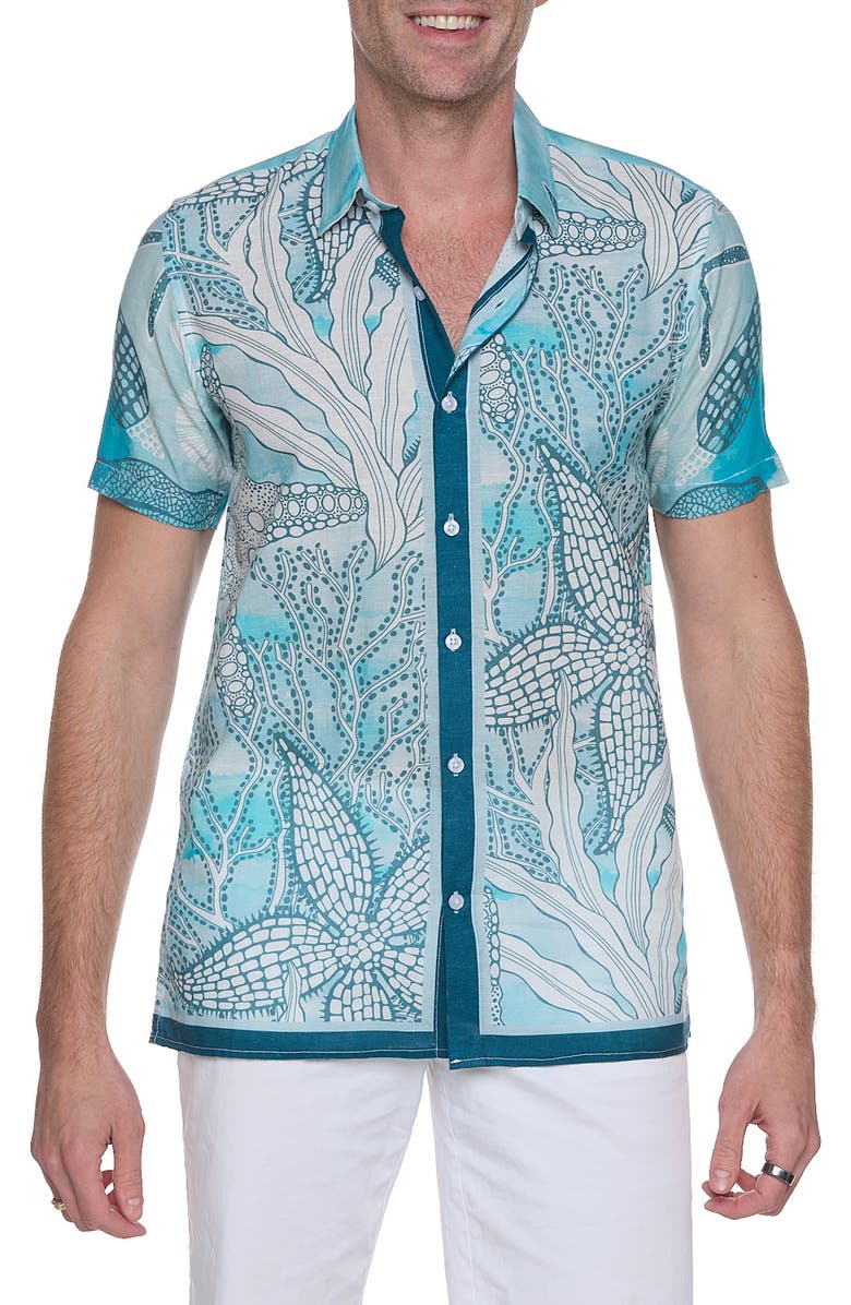 RANEES Extra Trim Fit Print Linen & Cotton Camp Shirt, Main, color,