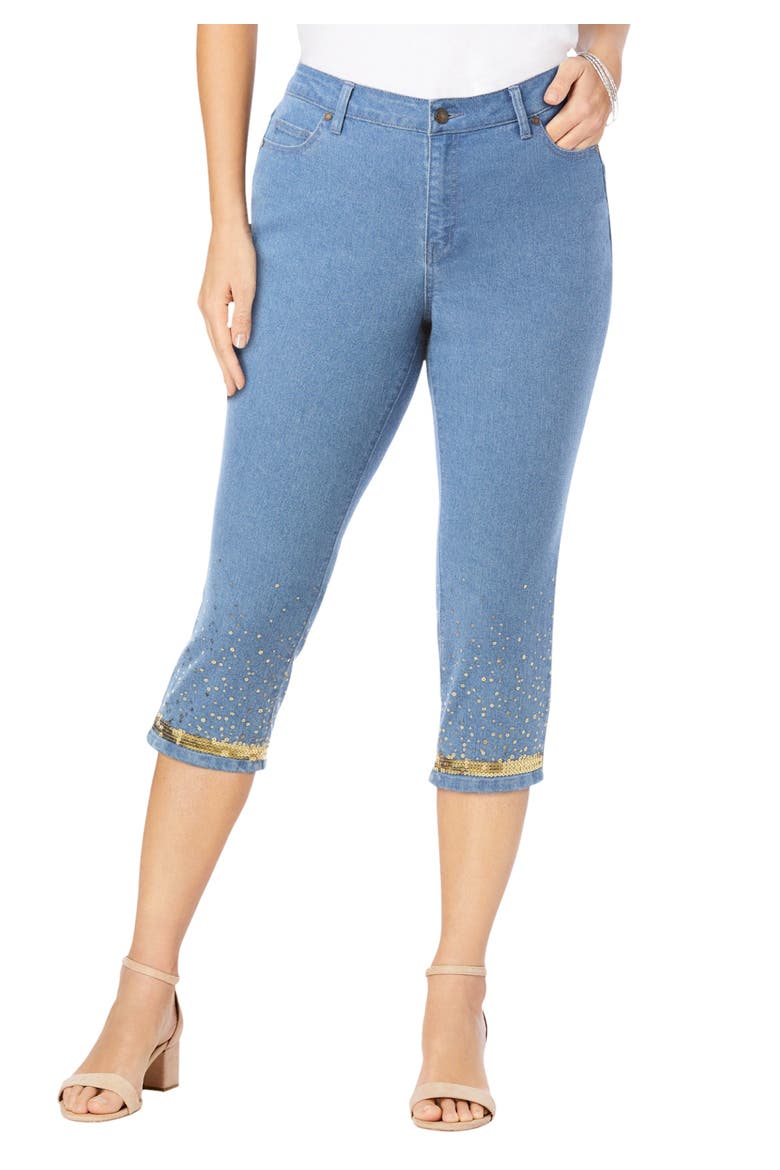 Plus Size Sequin Trim Straight Leg Capri Jean, Main, color, GOLD SEQUIN TRIM