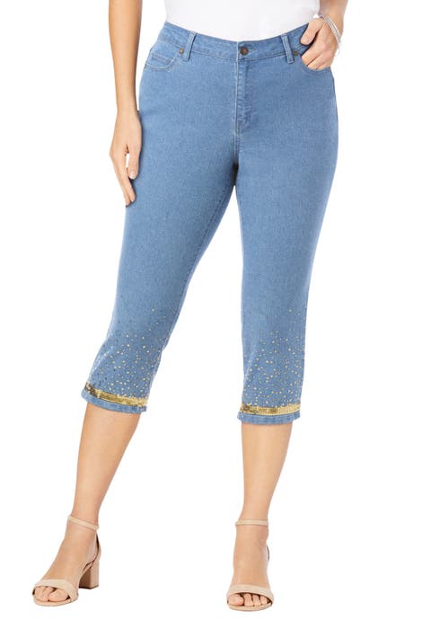 Plus Size Sequin Trim Straight Leg Capri Jean