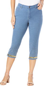 Roaman's Plus Size Sequin Trim Straight Leg Capri Jean