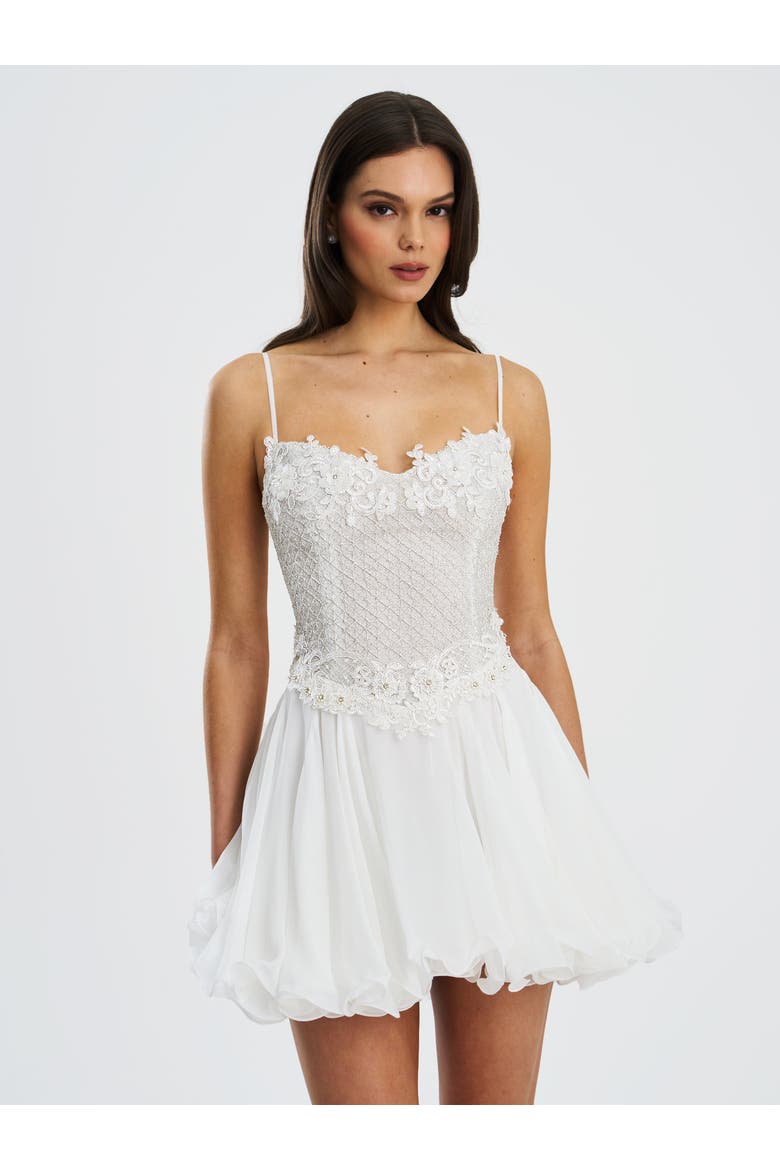 Fabiola Lace Trim Net Top Mini Flare Chiffon Dress, Alternate, color, Silver