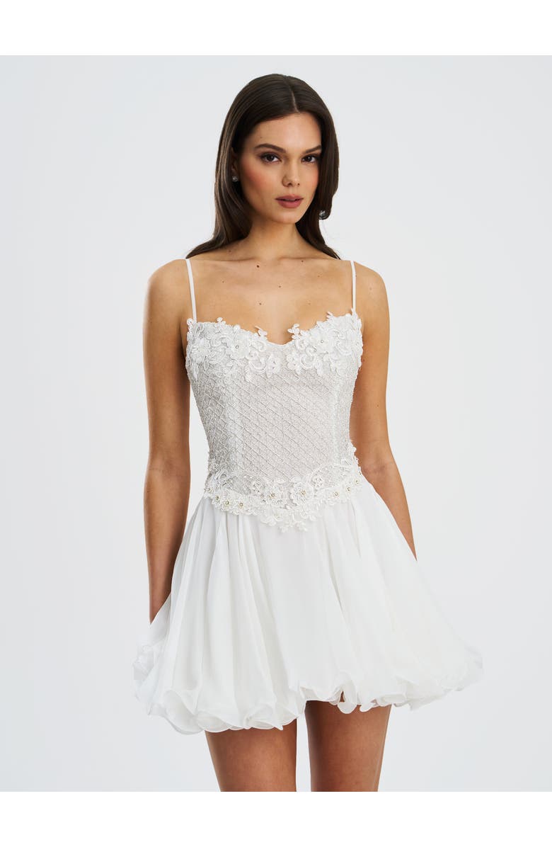 Miss Circle Fabiola Lace Trim Net Top Mini Flare Chiffon Dress, Alternate, color, Silver