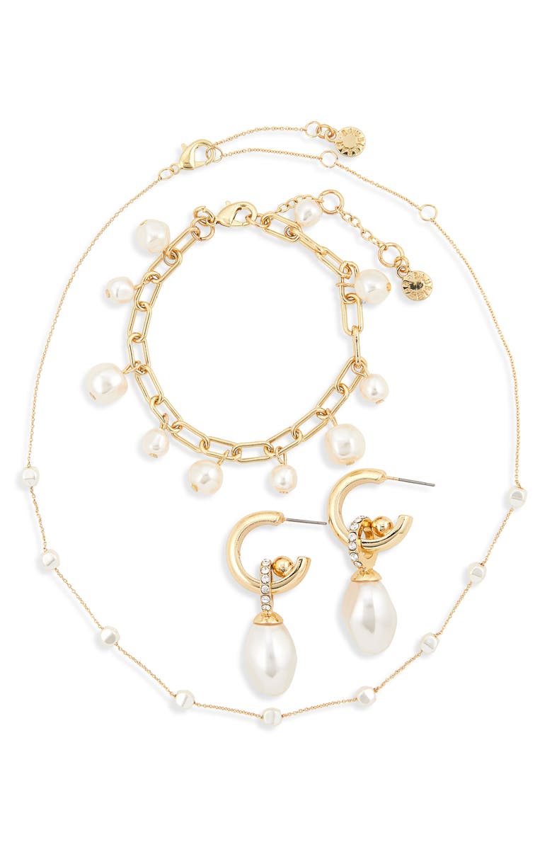 BaubleBar Pearly Whites Drop Huggie Hoop Earrings, Bracelet & Necklace Set, Alternate, color, Pearl