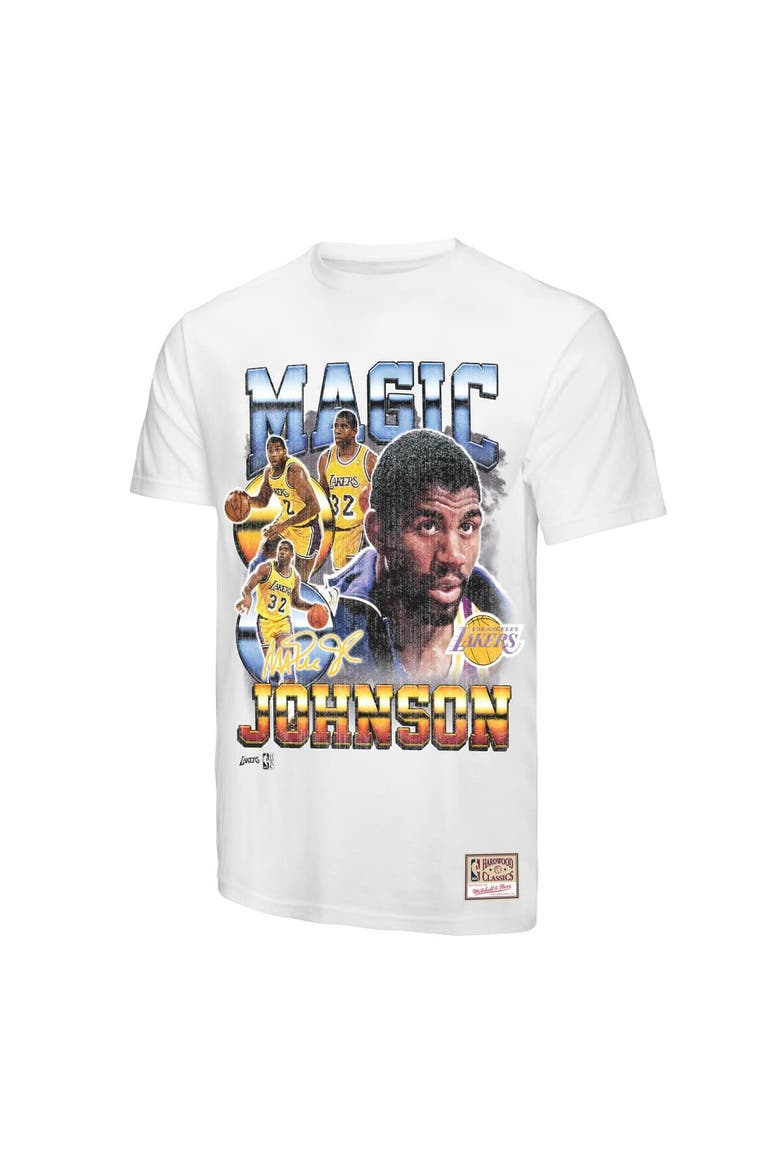 Men's Mitchell & Ness Magic Johnson White Los Angeles Lakers Commemorative Collage T-Shirt, Alternate, color, White