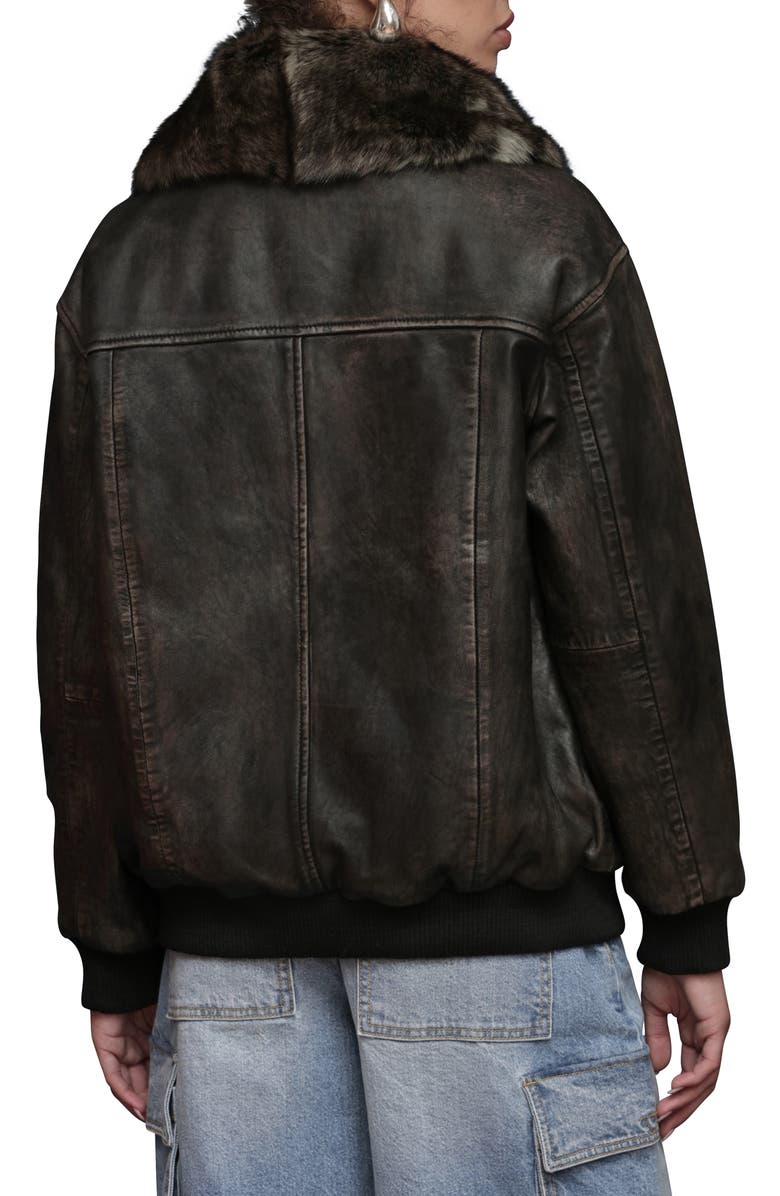 Avec Les Filles Oversize Leather Bomber Jacket with Genuine Shearling Collar, Alternate, color, Washed Black