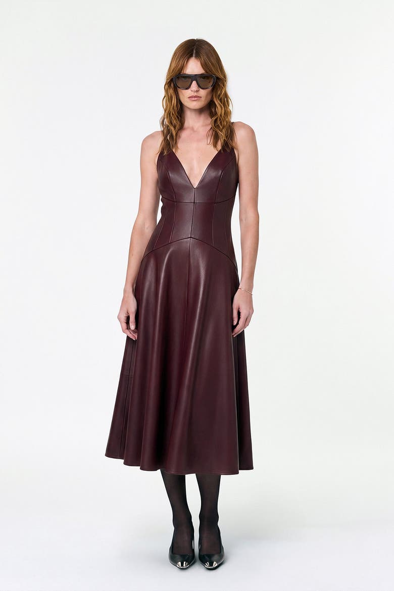 Nora Vegan Leather Plunge Neck Dress, Alternate, color, OXBLOOD