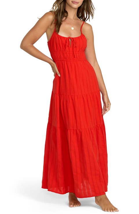 Red Aloha Tiered Cotton Maxi Sundress