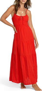 Billabong Red Aloha Tiered Cotton Maxi Sundress