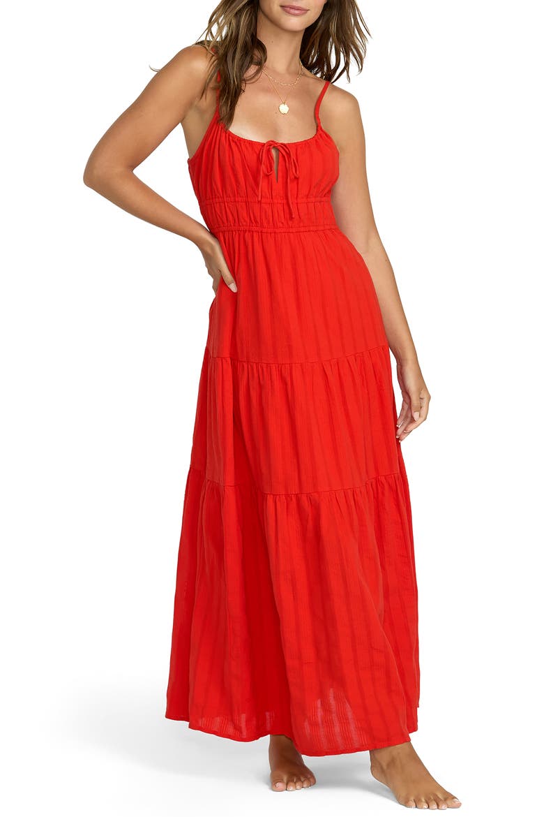 red cotton maxi dress 100% Organic Poplin Tiered in Vermillion Perfect for coastal weddings Red Cutout Maxi Dress -