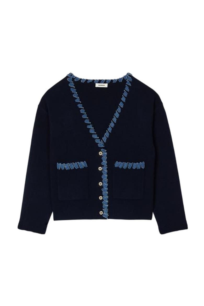 Cardigan with denim details, Alternate, color, Navy blue
