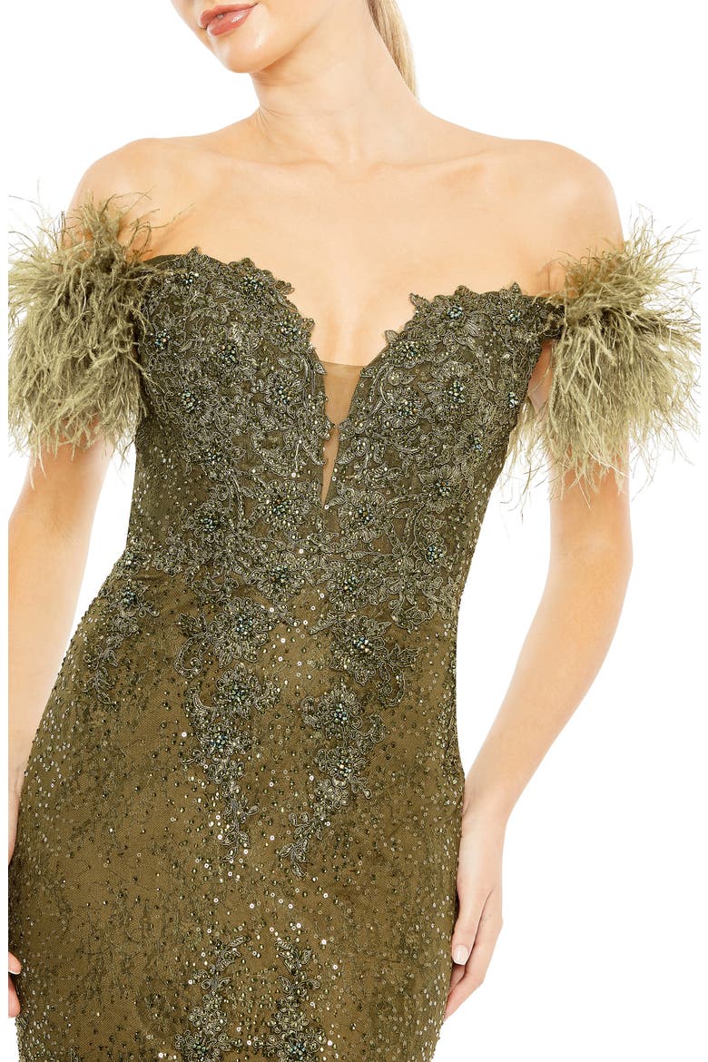 Beaded Feather Trim Off the Shoulder Mermaid Gown, Alternate, color, OLIVE