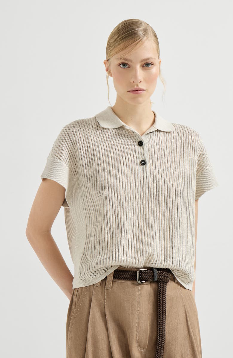 Brunello Cucinelli Ribbed net polo shirt, Alternate, color, Oat