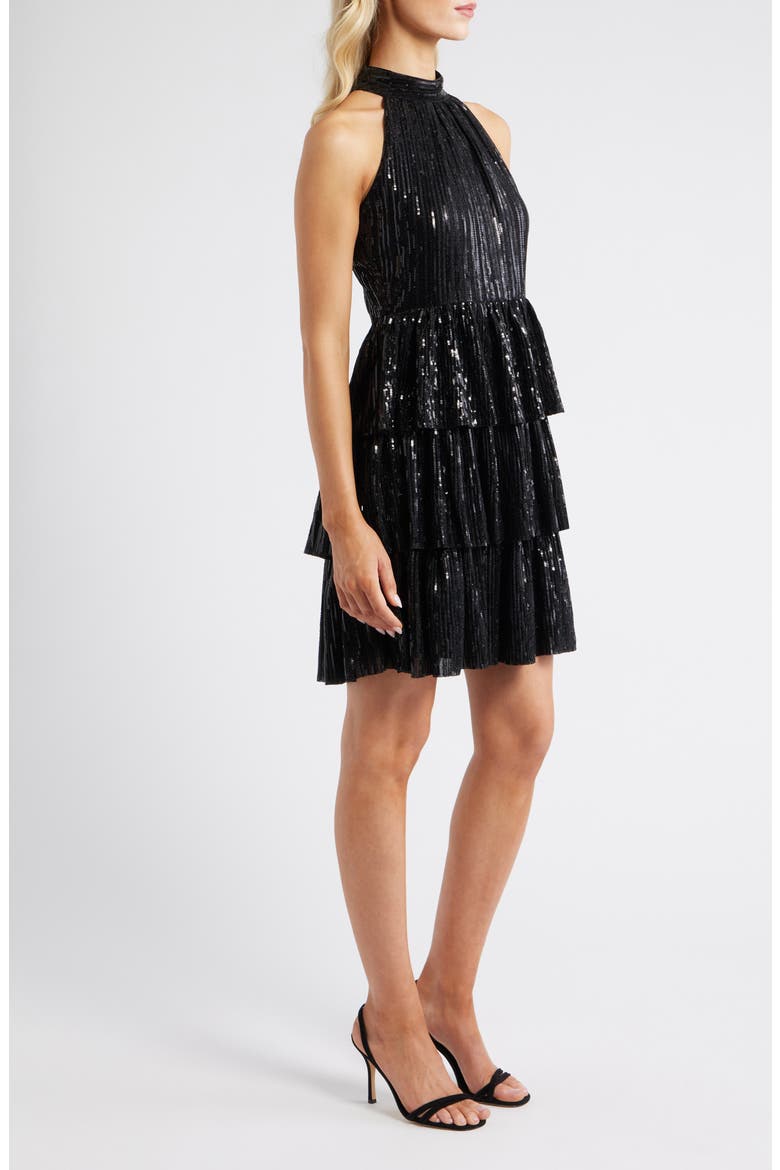 Sequin Tiered Halter Party Dress, Alternate, color, BLACK