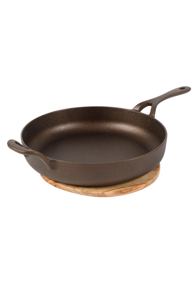 Natural Bronze Finish Cast Iron Skillet with Long Handle, Helper Handle & Olive Wood Trivet, Alternate, color, Natural Bronze