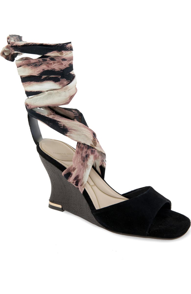 Kenneth Cole Fabia Ankle Wrap Wedge Sandal, Main, color, Black/ Brown Suede