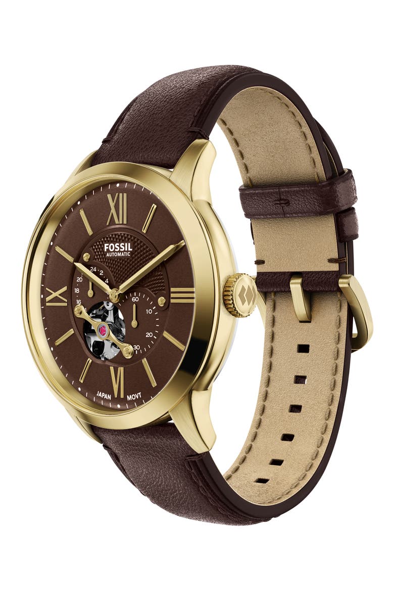 Townsman Automatic Leather Strap Watch, 44mm, Alternate, color, BROWN