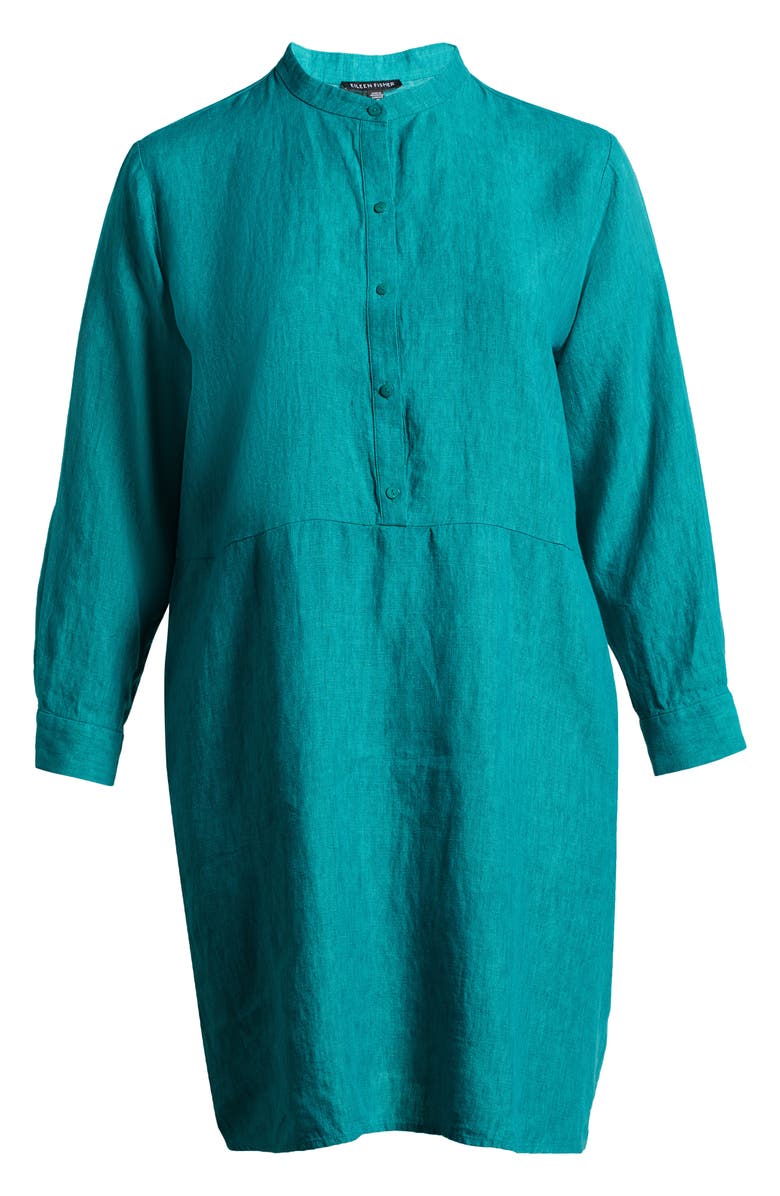Eileen Fisher Band Collar Long Sleeve Organic Linen Shift Dress, Alternate, color, Jade
