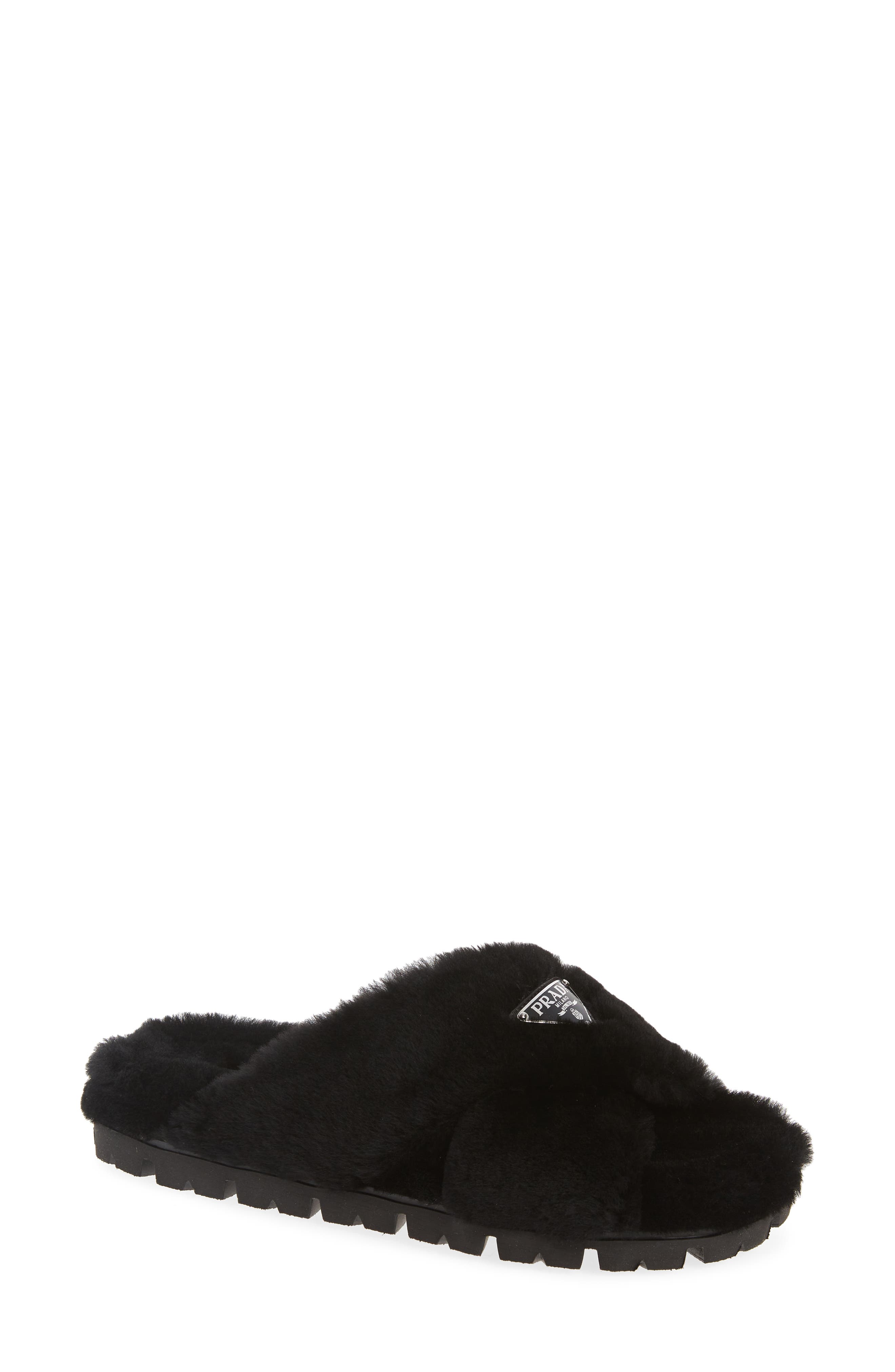 Prada Fussbett Fluffy Genuine Shearling Slide Sandal, Main, color, 