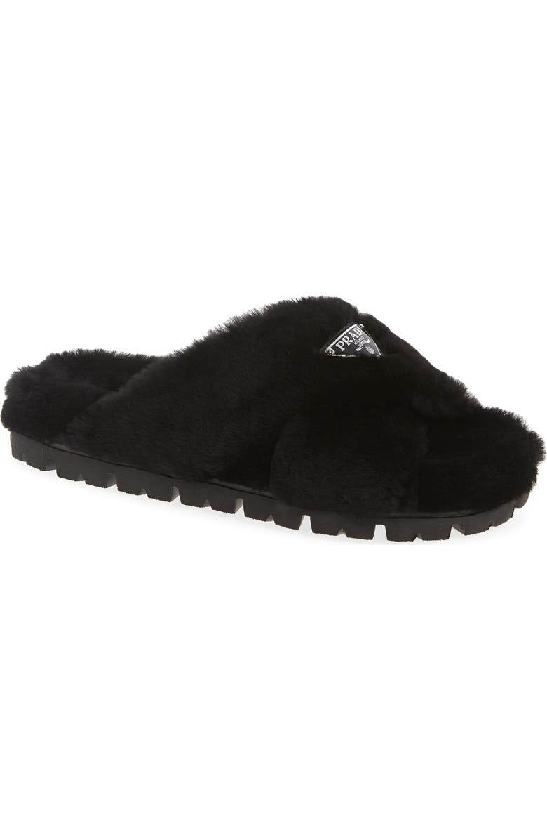Prada Fussbett Fluffy Genuine Shearling Slide Sandal, Main, color,