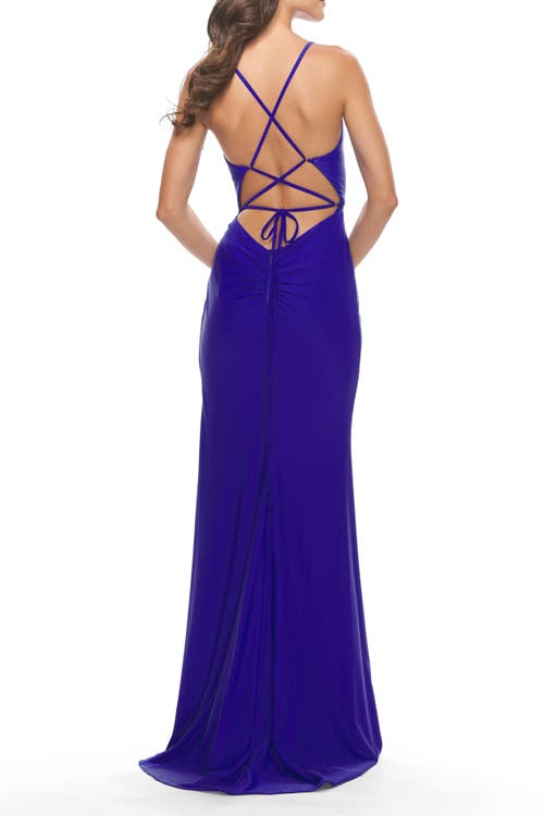 La Femme Soft Jersey Dress With Knot Waist And Lace Up Back