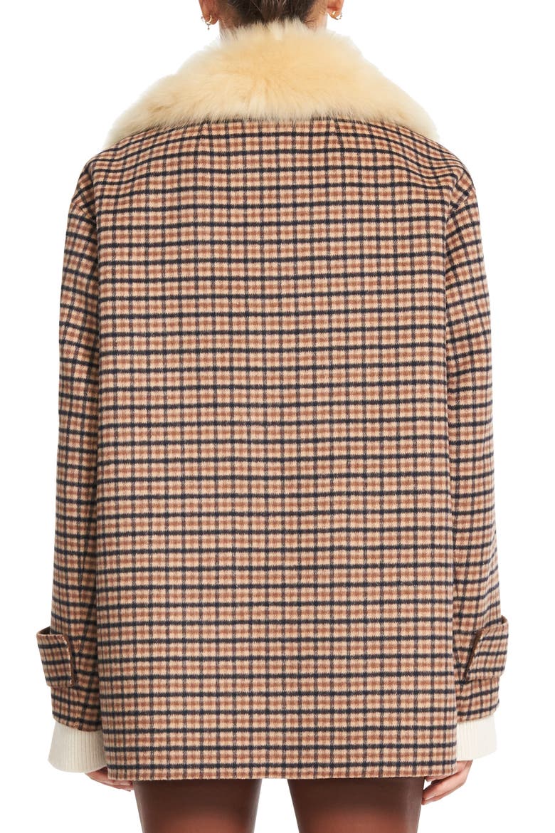 Check Wool Blend Coat with Genuine Shearling Collar, Alternate, color, CAMEL MULTI - EF2