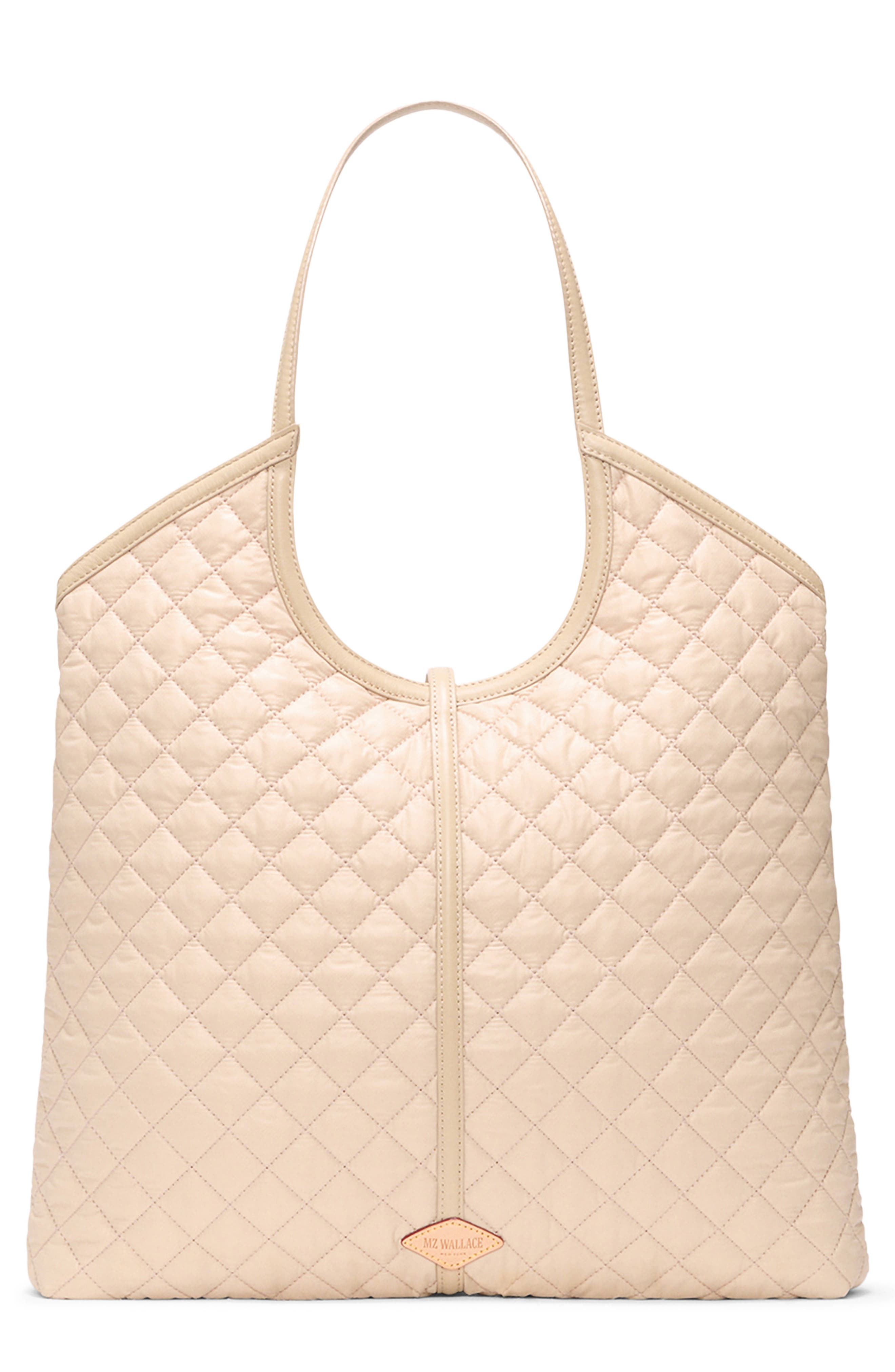 Large Astor Leather Trim Quilted Nylon Tote, Main, color, SAND