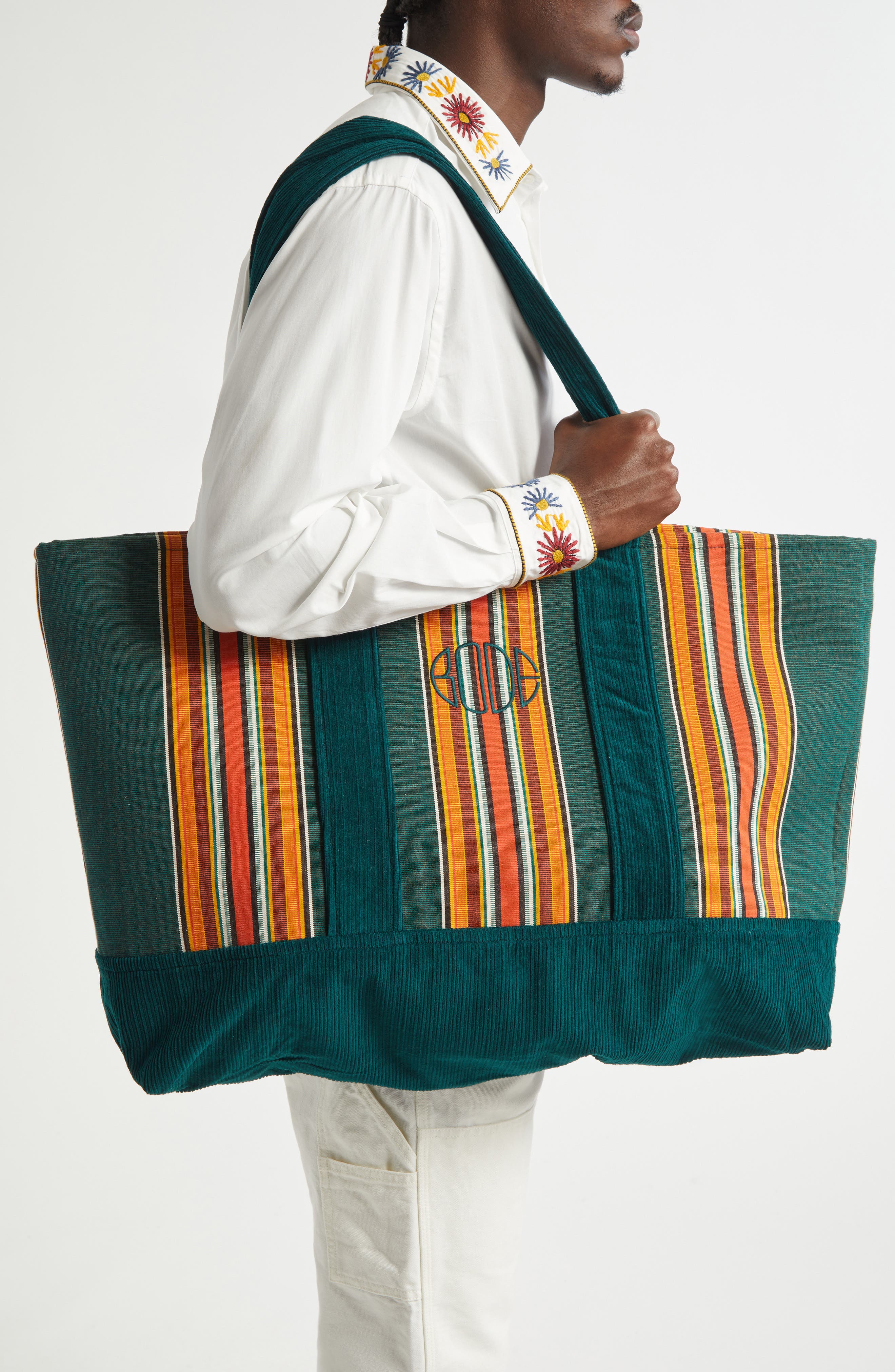 Bode Parakeet Stripe Canvas & Corduroy Tote, Alternate, color, Green Multi