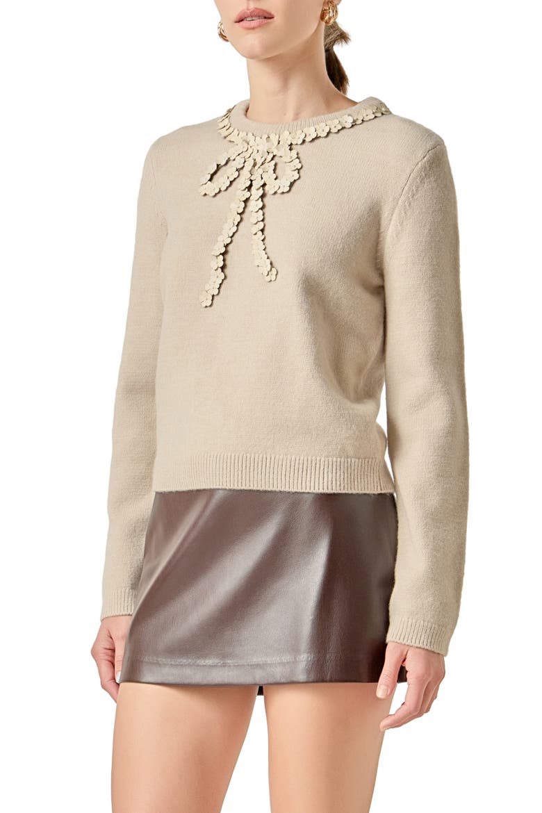 Floral Appliqué Bow Sweater, Alternate, color, OATMEAL
