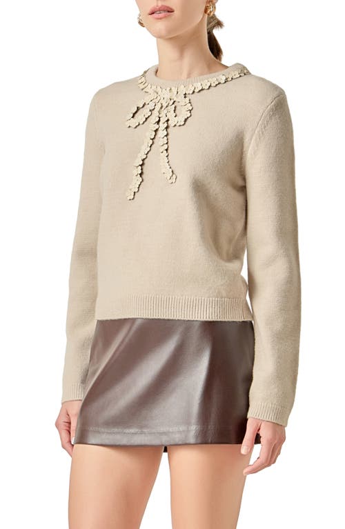 English Factory Floral Appliqué Bow Sweater In Neutral