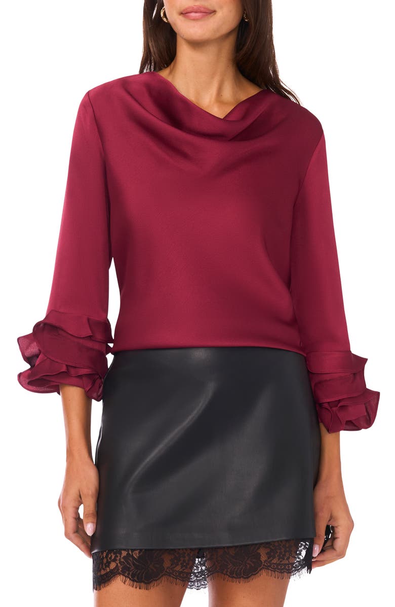 Vince Camuto Tiered Ruffle Sleeve Satin Top, Main, color, Boysenberry