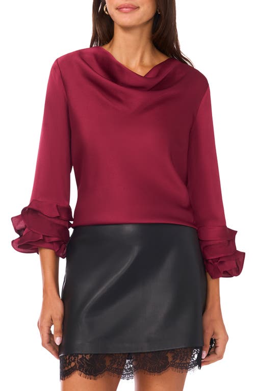 Vince Camuto Tiered Ruffle Sleeve Satin Top In Burgundy